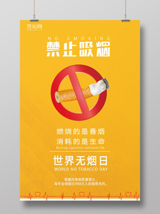 黄色简约禁止吸烟世界无烟日创建文明城市海报